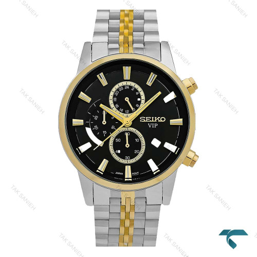 ساعت سیکو دورنگ طلایی کورنوگراف صفحه مشکی Seiko-8745-G