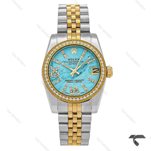 ساعت رولکس دیت جاست دورنگ طلایی پررنگین صفحه تیفانی Rolex-9859-L