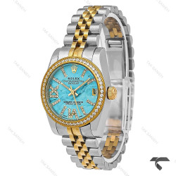 ساعت رولکس زنانه دورنگ طلایی پررنگین صفحه فیروزه ای Rolex-9859-L