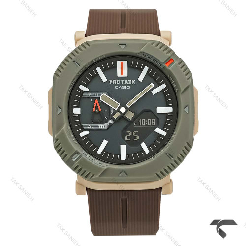 ساعت کاسیو پروترک مردانه قاب سبز بند رابر قهوه ای Protrek-10162-G ساعت کاسیو پروترک مردانه قاب سبز بند رابر قهوه ای Protrek-10162-G