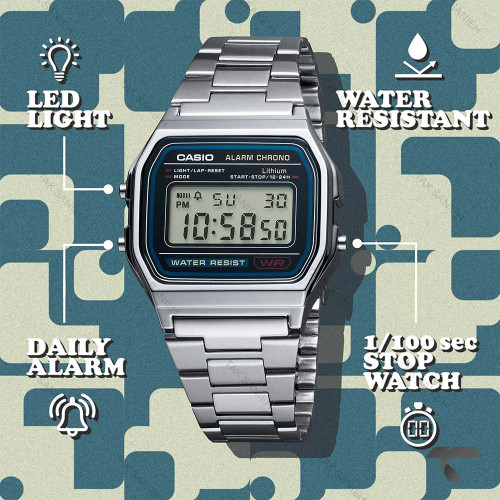 کاسیو نوستالژی A158WA-1 کامپیوتری استیل صفحه مشکی Casio-10244-U