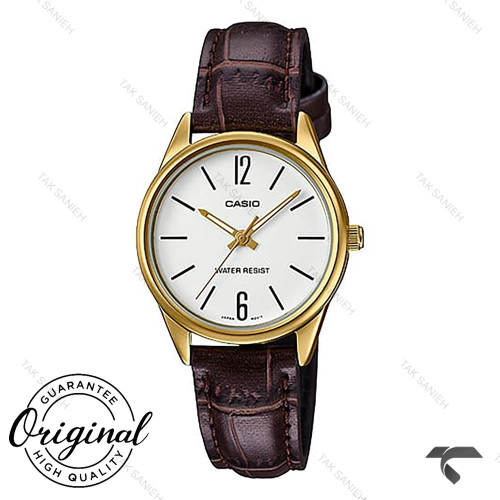 ساعت کاسیو زنانه LTP-V005GL-7B طلایی صفحه سفید بند چرم قهوه ای Casio-10325-L