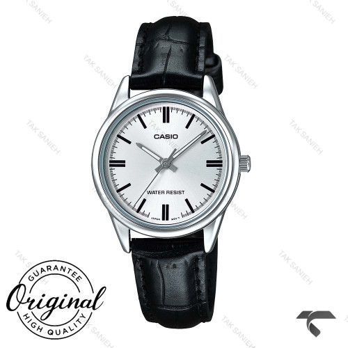 کاسیو LTP-V005L-7AU اورجینال زنانه بند چرم مشکی سیلور صفحه سفید Casio-10336-L کاسیو LTP-V005L-7AU اورجینال زنانه بند چرم مشکی سیلور صفحه سفید Casio-10336-L