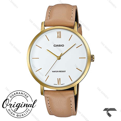 ساعت بند چرم قهوه ای روشن کاسیو LTP-VT01GL-7B اورجینال قاب طلایی Casio-10345-L