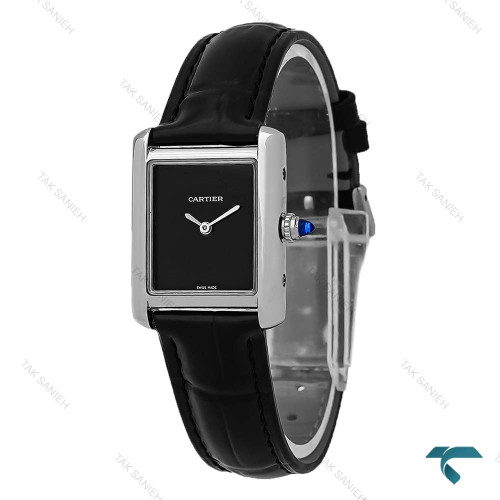 کارتیه تانک زنانه بند چرم مشکی قاب سیلور Cartier-8753-L کارتیه تانک زنانه بند چرم مشکی قاب سیلور Cartier-8753-L