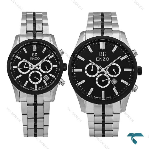 ست ساعت انزو اصلی EC-3122 سه موتوره سیلور صفحه مشکی Enzo-8786-S