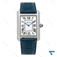 ساعت کارتیه تانک مردانه نقره ای بند چرم سرمه ای Cartier-8888-G