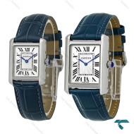 ساعت ست کارتیر تانک نقره ای بند چرم سرمه ای Cartier-8890-S