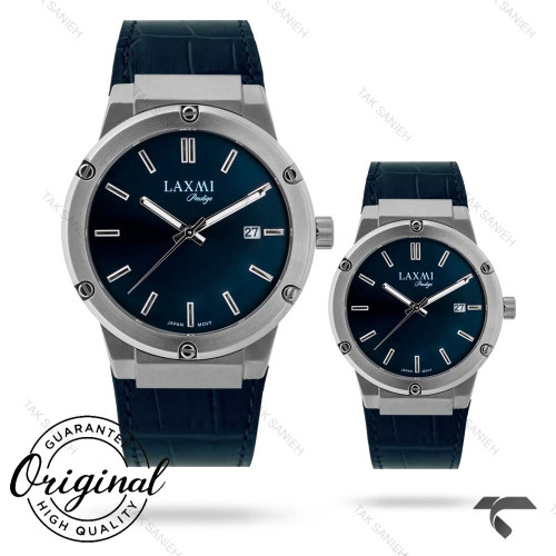 ساعت ست لاکسمی 8126 سرمه ای بند چرم قاب نقره ای Laxmi-9138-S
